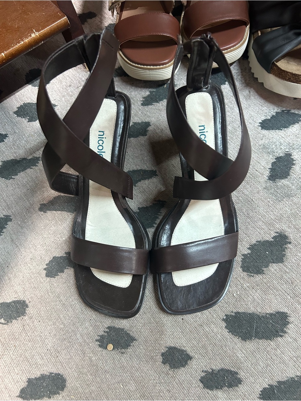 NICOLI Dark Brown Leather Crisscross Strap Heels